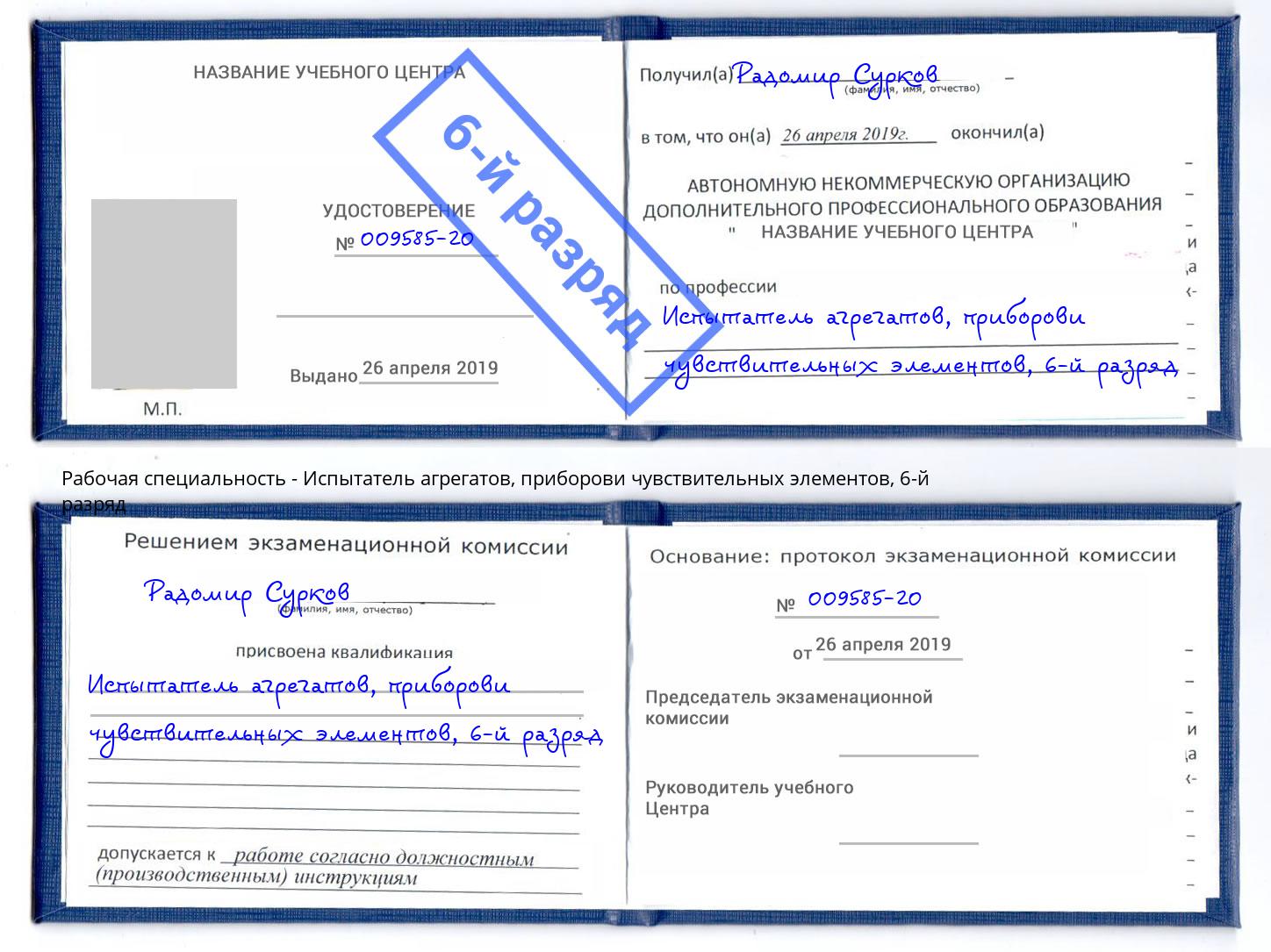 корочка 6-й разряд Испытатель агрегатов, приборови чувствительных элементов Тула