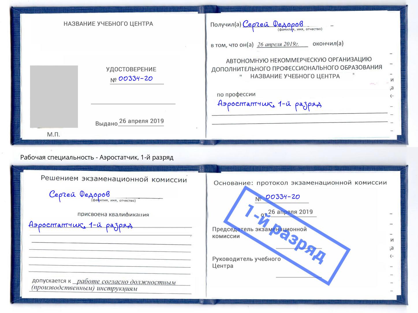 корочка 1-й разряд Аэростатчик Тула
