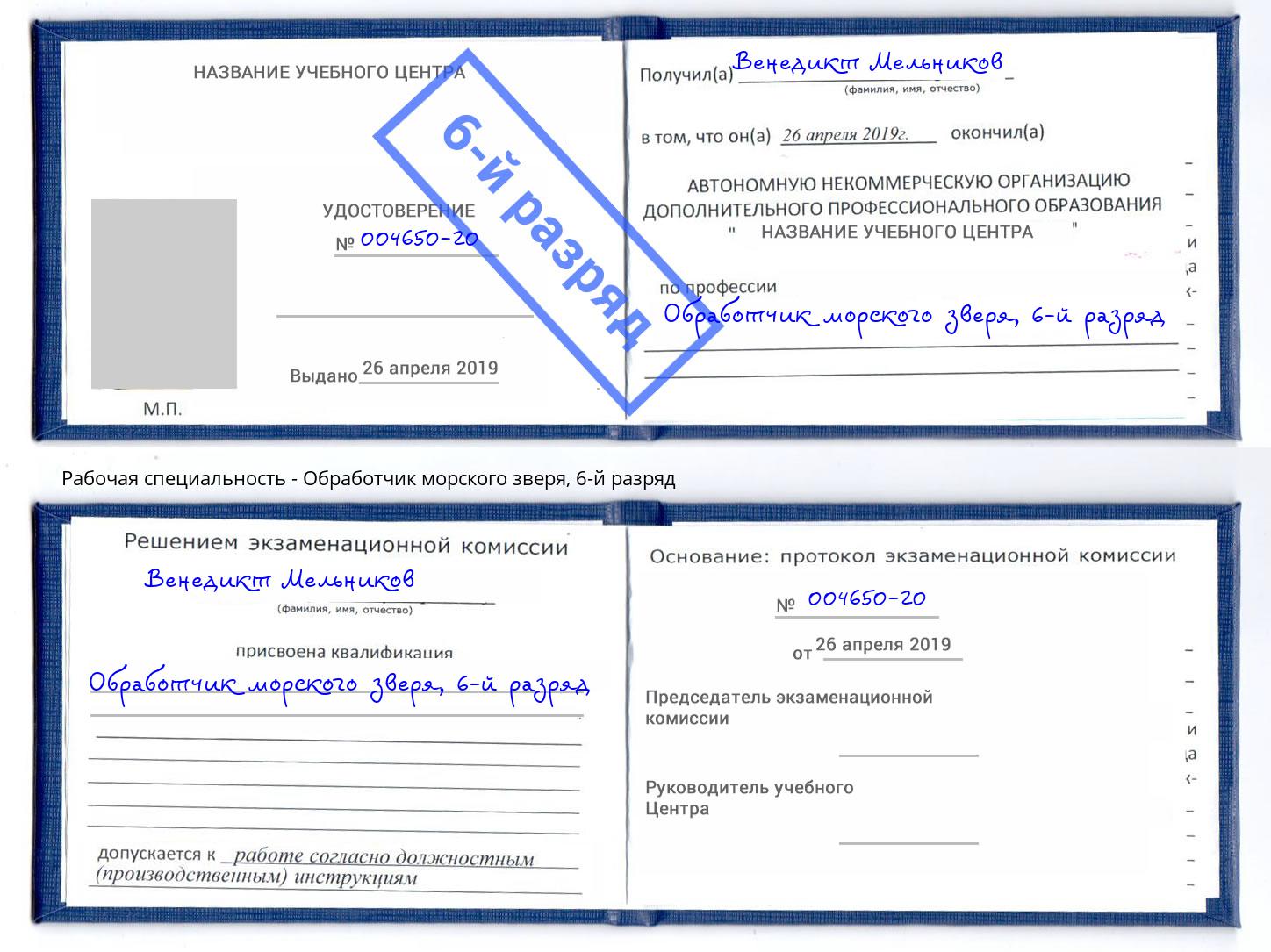 корочка 6-й разряд Обработчик морского зверя Тула