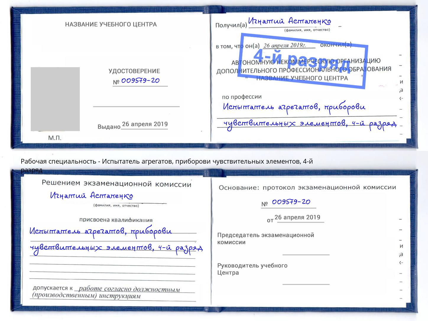 корочка 4-й разряд Испытатель агрегатов, приборови чувствительных элементов Тула