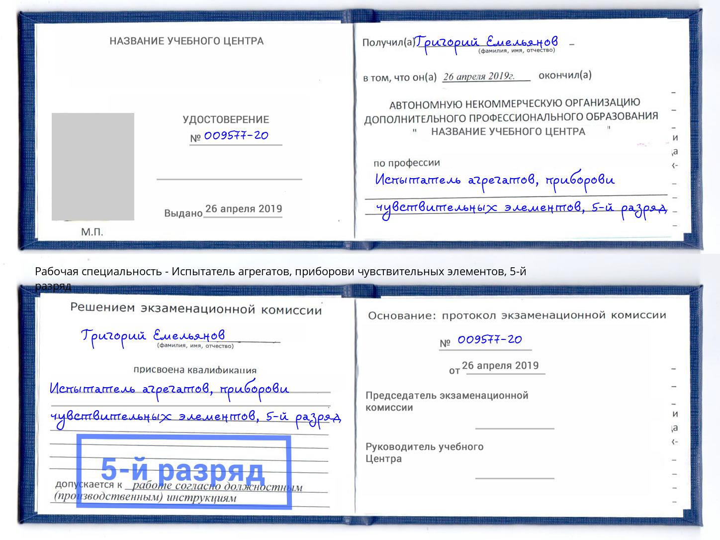 корочка 5-й разряд Испытатель агрегатов, приборови чувствительных элементов Тула