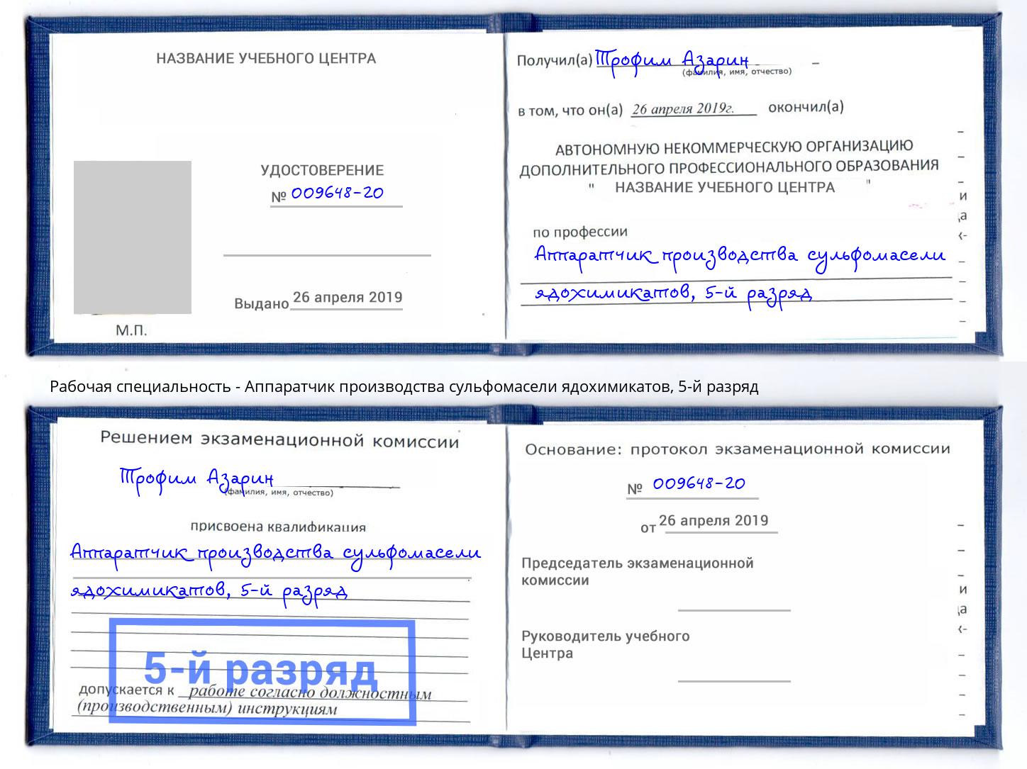 корочка 5-й разряд Аппаратчик производства сульфомасели ядохимикатов Тула