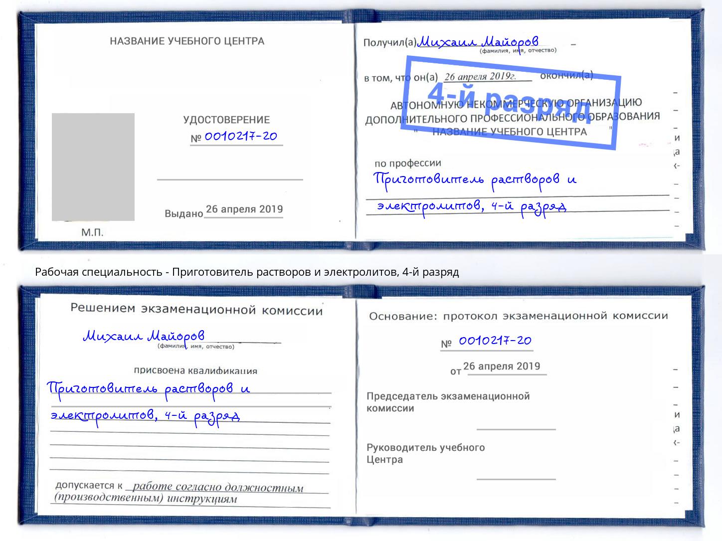 корочка 4-й разряд Приготовитель растворов и электролитов Тула