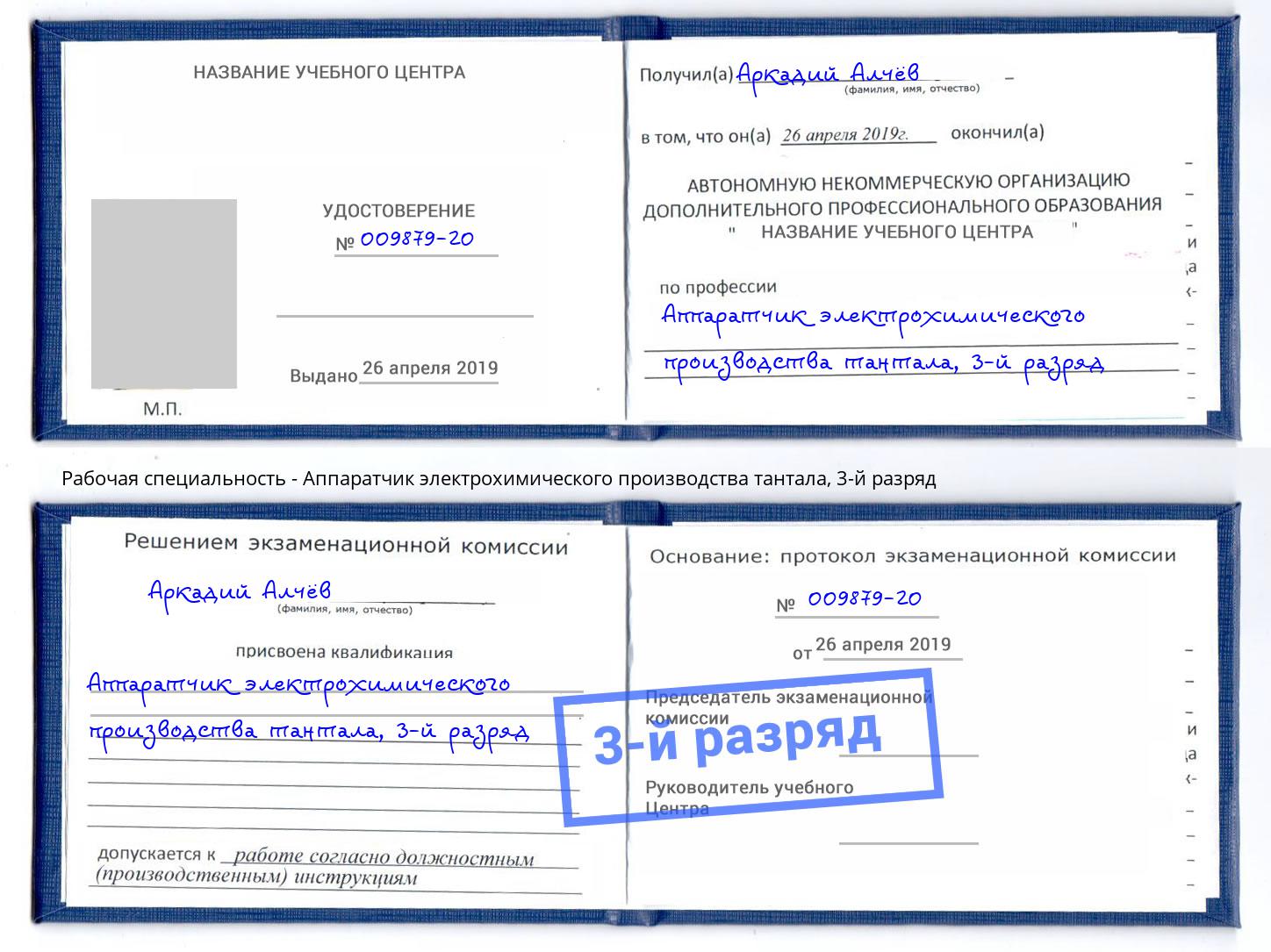 корочка 3-й разряд Аппаратчик электрохимического производства тантала Тула
