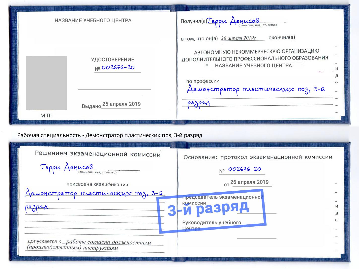 корочка 3-й разряд Демонстратор пластических поз Тула