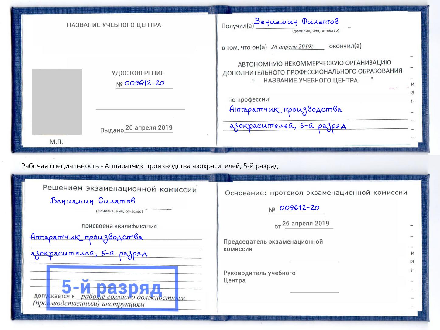 корочка 5-й разряд Аппаратчик производства азокрасителей Тула