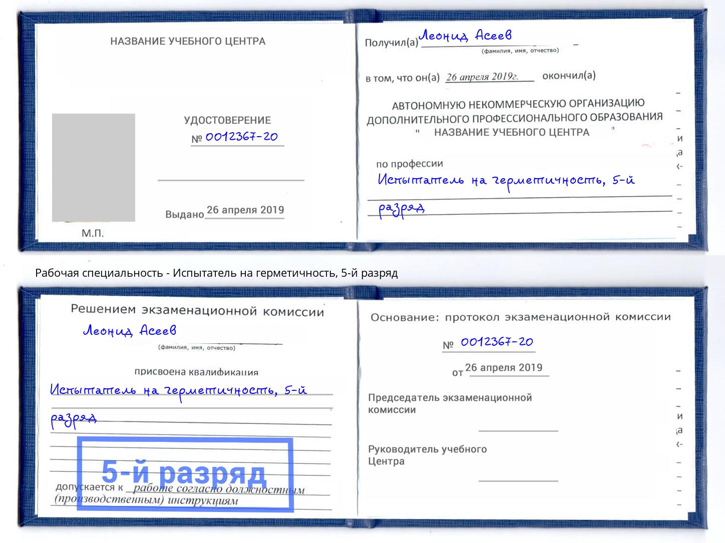 корочка 5-й разряд Испытатель на герметичность Тула