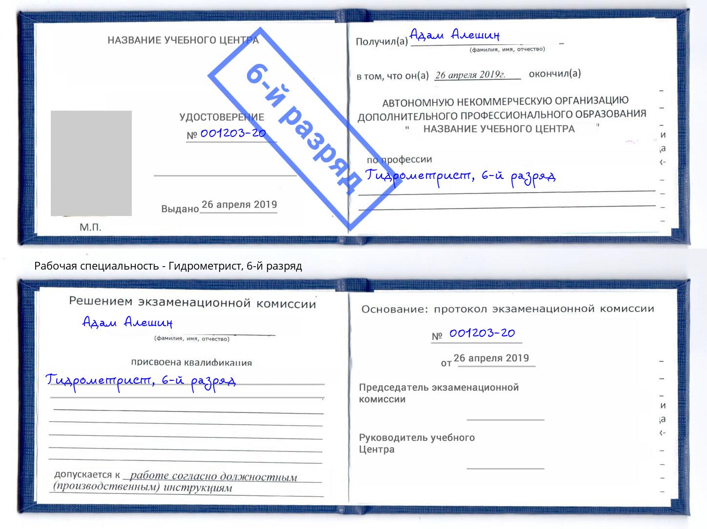 корочка 6-й разряд Гидрометрист Тула