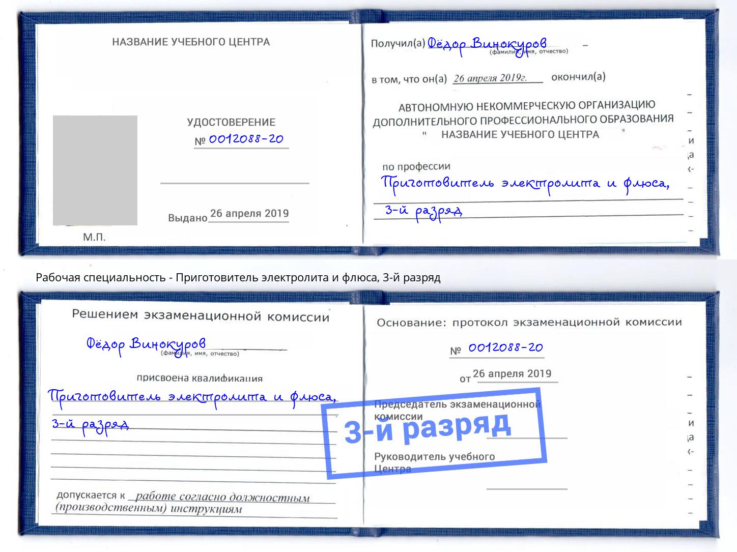 корочка 3-й разряд Приготовитель электролита и флюса Тула