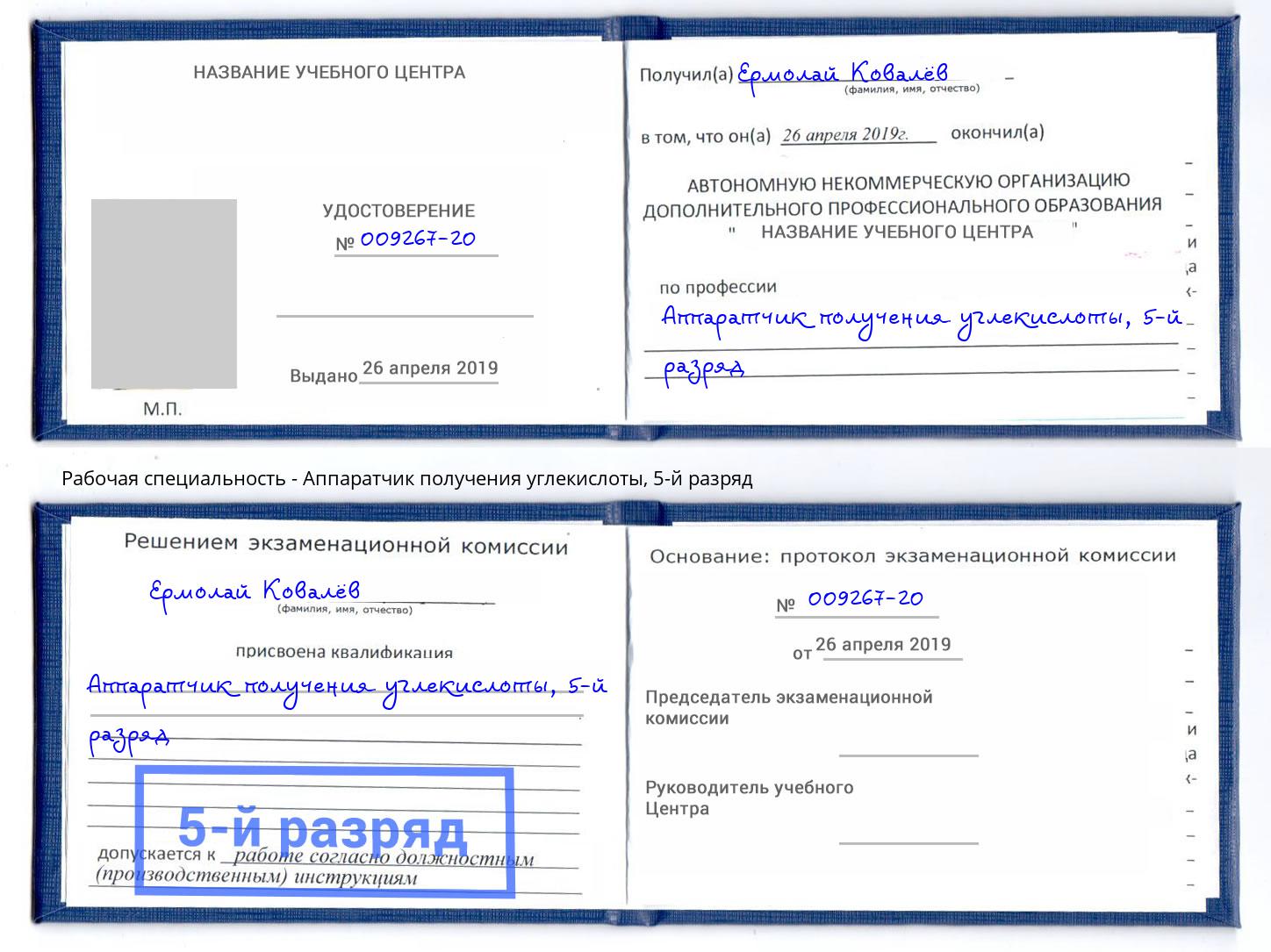 корочка 5-й разряд Аппаратчик получения углекислоты Тула