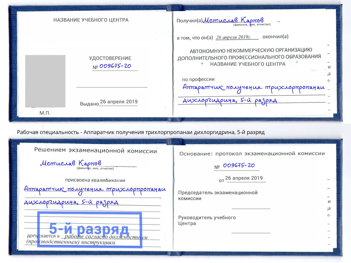 корочка 5-й разряд Аппаратчик получения трихлорпропанаи дихлоргидрина Тула